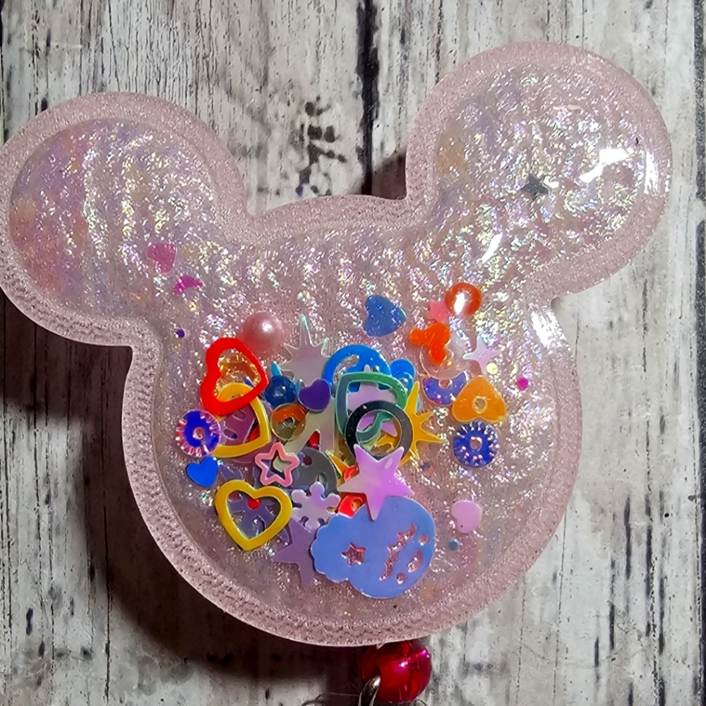 Pink Minnie Mouse Glitter Snow Globe Retractable Badge Reel ID Holder